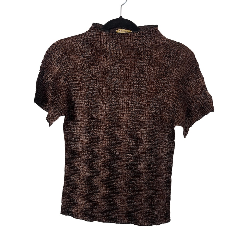Plisse Mock Neck Top Size M Vintage Y2K Crinkle Popcorn Chocolate Brown